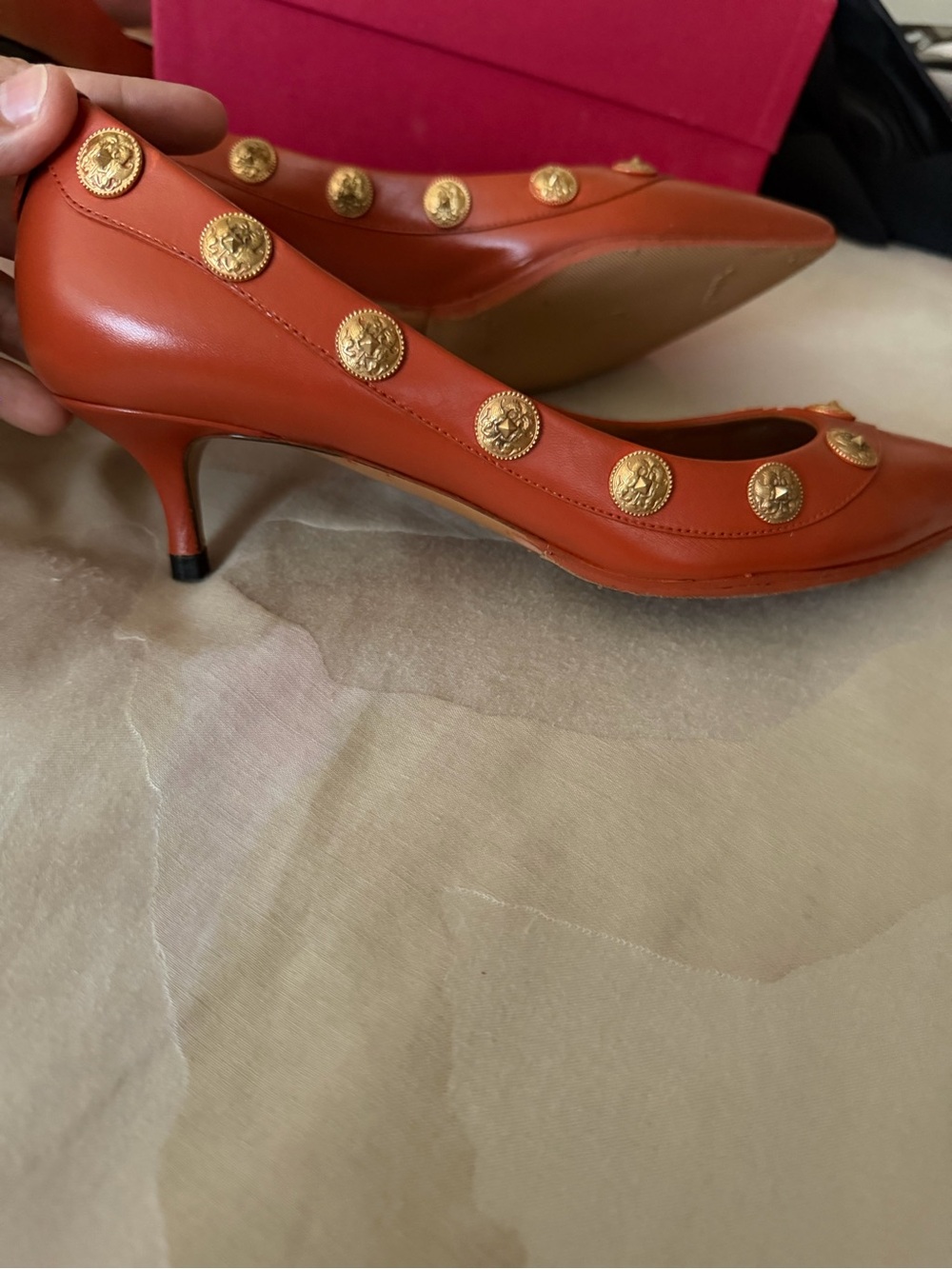 Valentino Pointed Toe Leather Flats in Rust with Gold Medallions - Picture 4 of 4